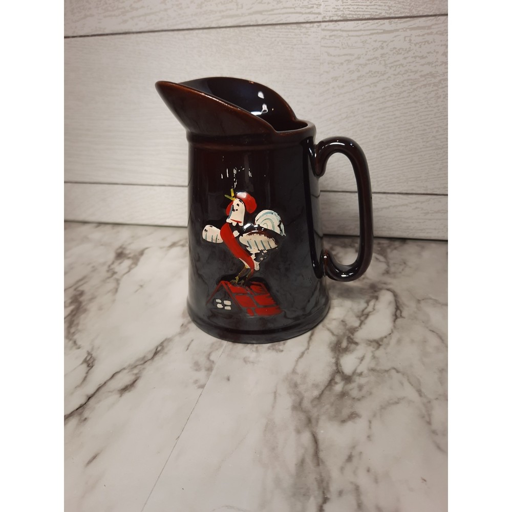 Vintage Crowing Rooster Redware Small Pitcher